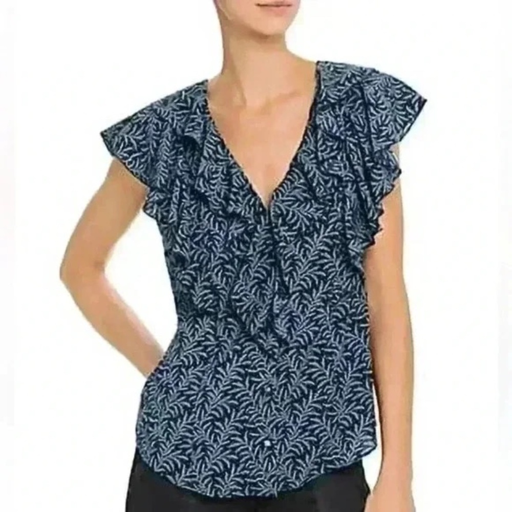 NEW! Joie Berton Blouse Ruffle Details Button Front Blue Floral Size XS